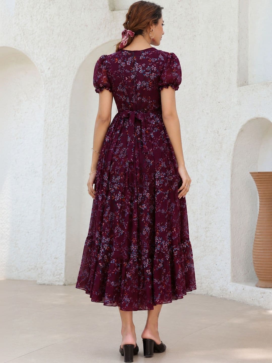 QENA Floral Print Puff Sleeve Georgette A-Line Midi Dress thumbnail 3