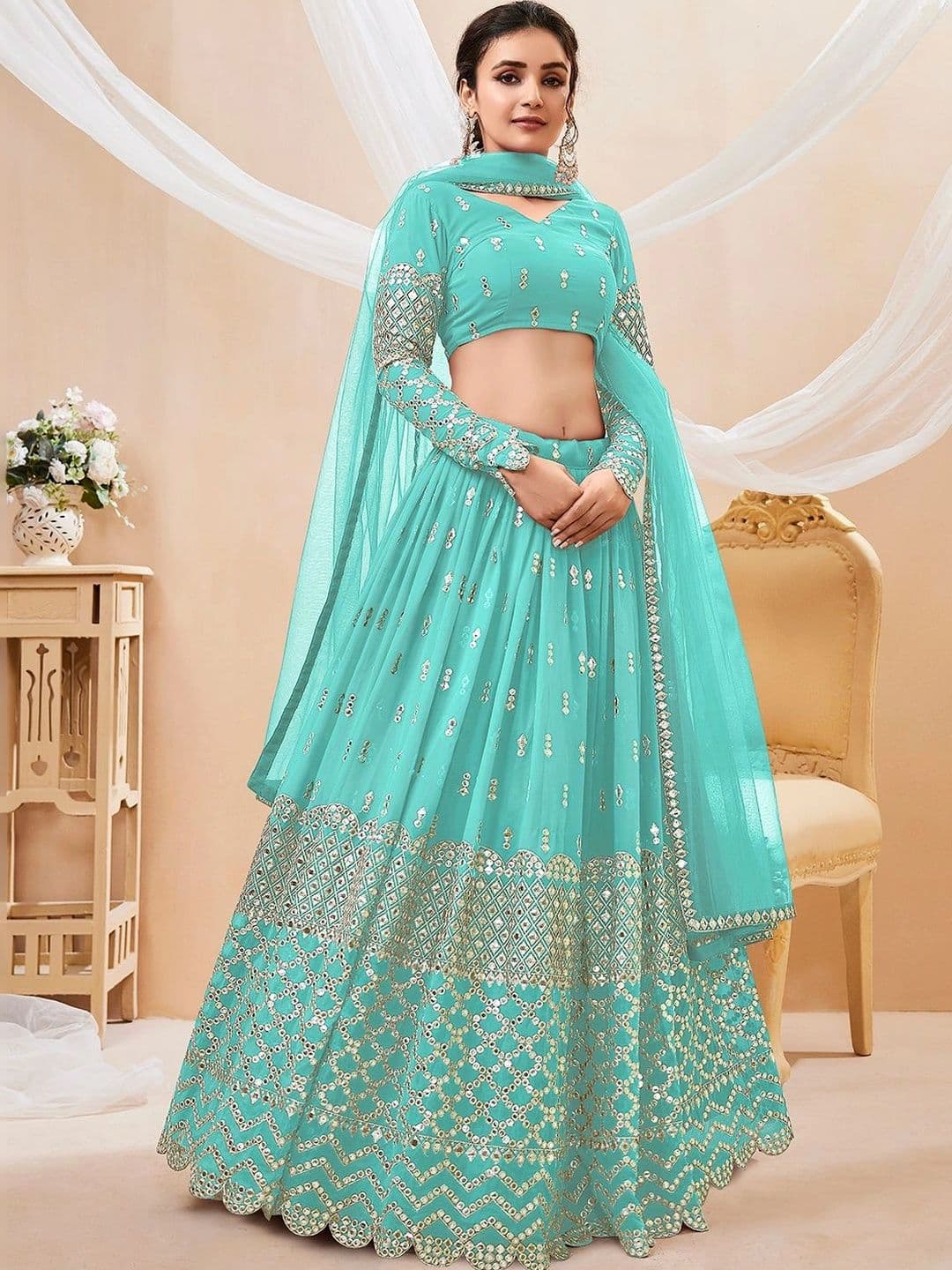 Zeel Clothing Embellished Mirror Work Semi-Stitched Lehenga & Unstitched Blouse With Dupatta thumbnail 3