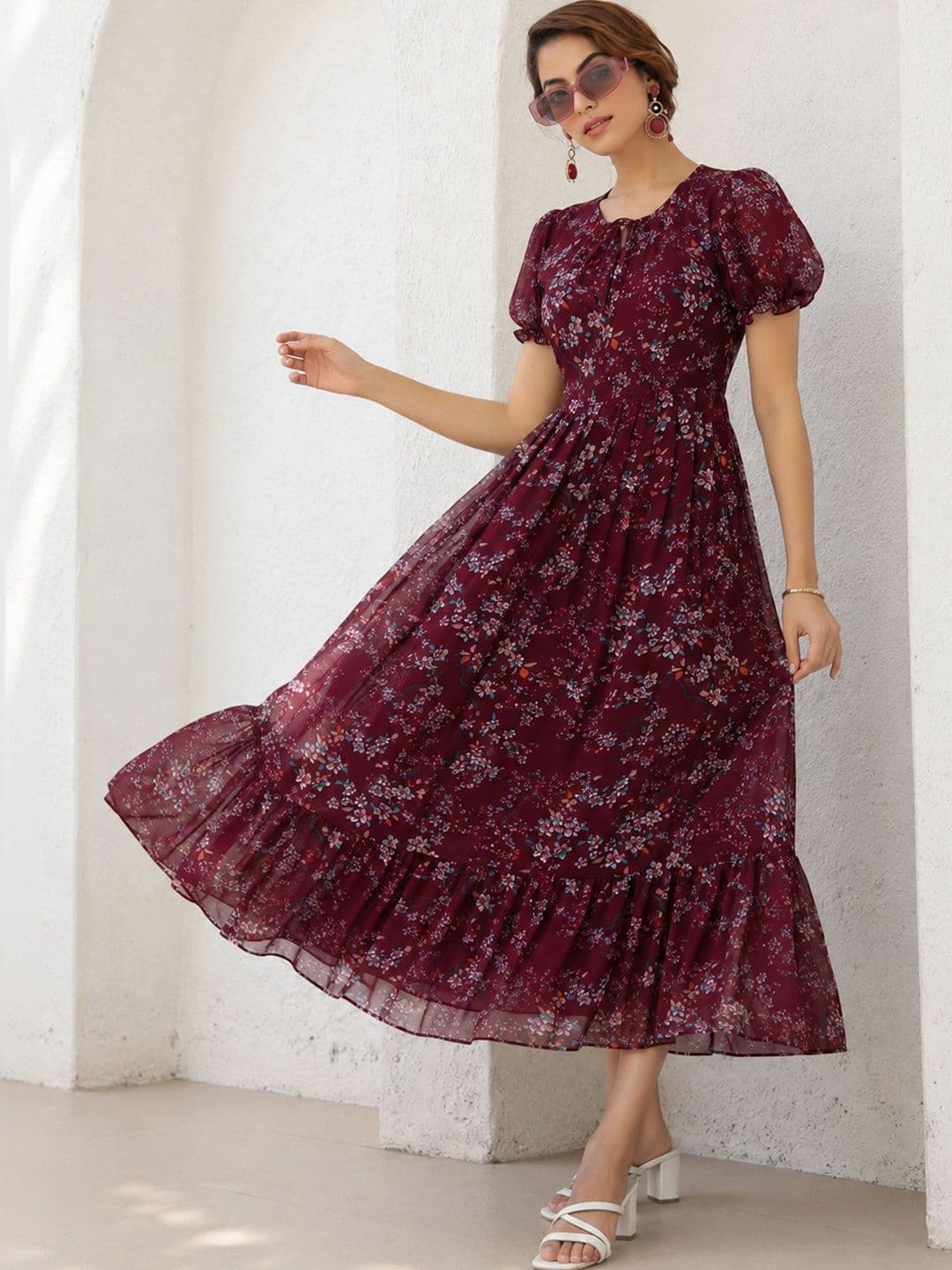 QENA Floral Print Puff Sleeve Georgette A-Line Midi Dress - view 1