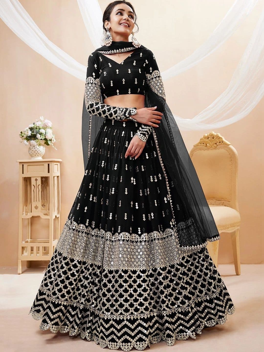 Zeel Clothing Embellished Mirror Work Semi-Stitched Lehenga & Unstitched Blouse With Dupatta - view 1