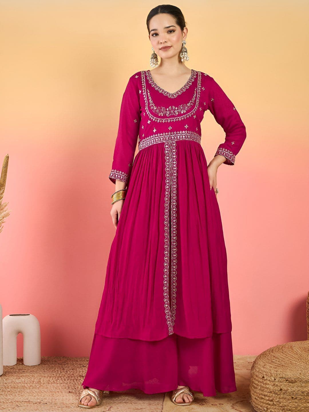 Varanga Women Ethnic Motifs Embroidered Empire Thread Work Kurta with Palazzos & Dupatta thumbnail 4