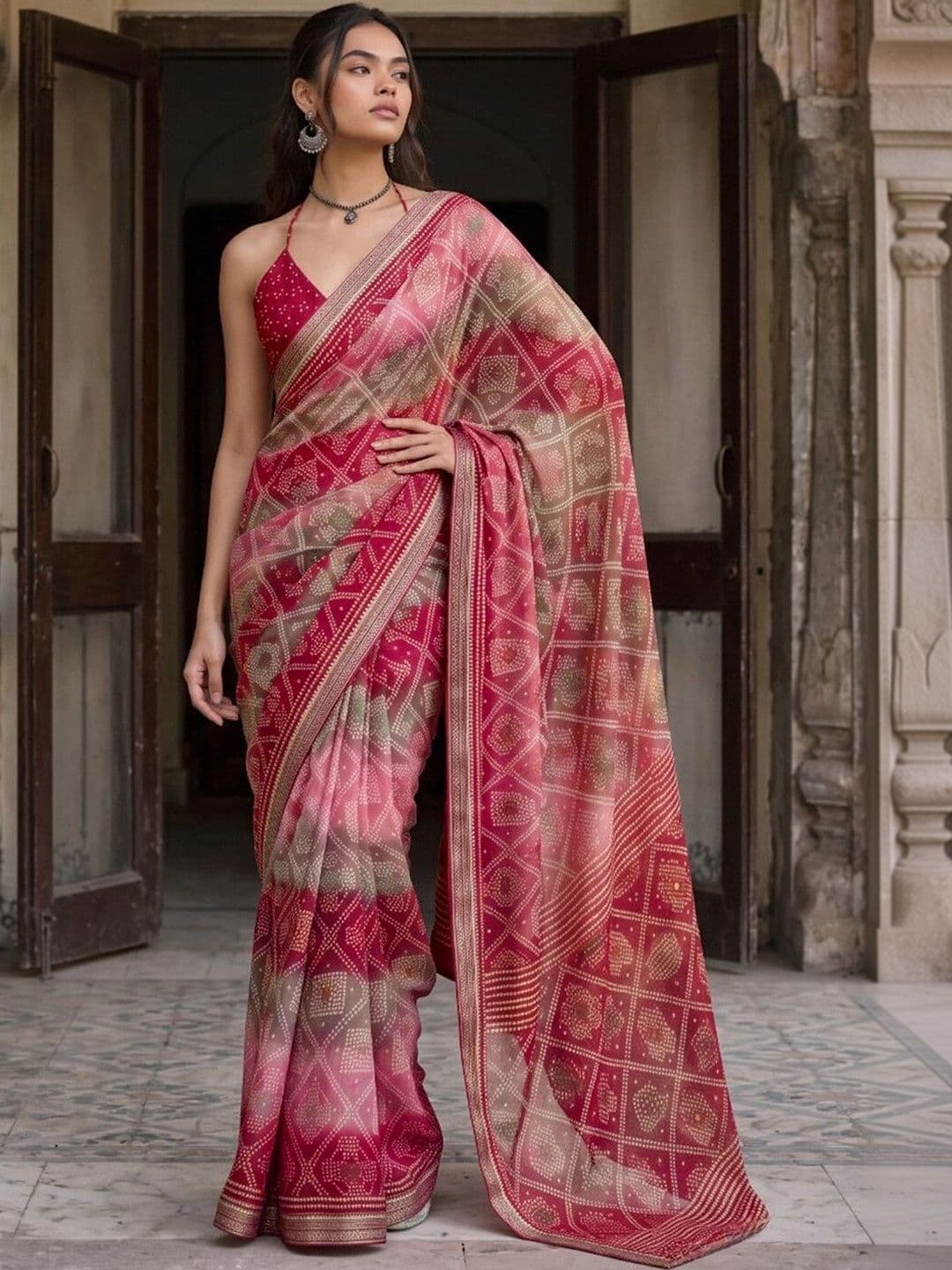 SAARA Bandhani Pure Georgette Saree - view 1