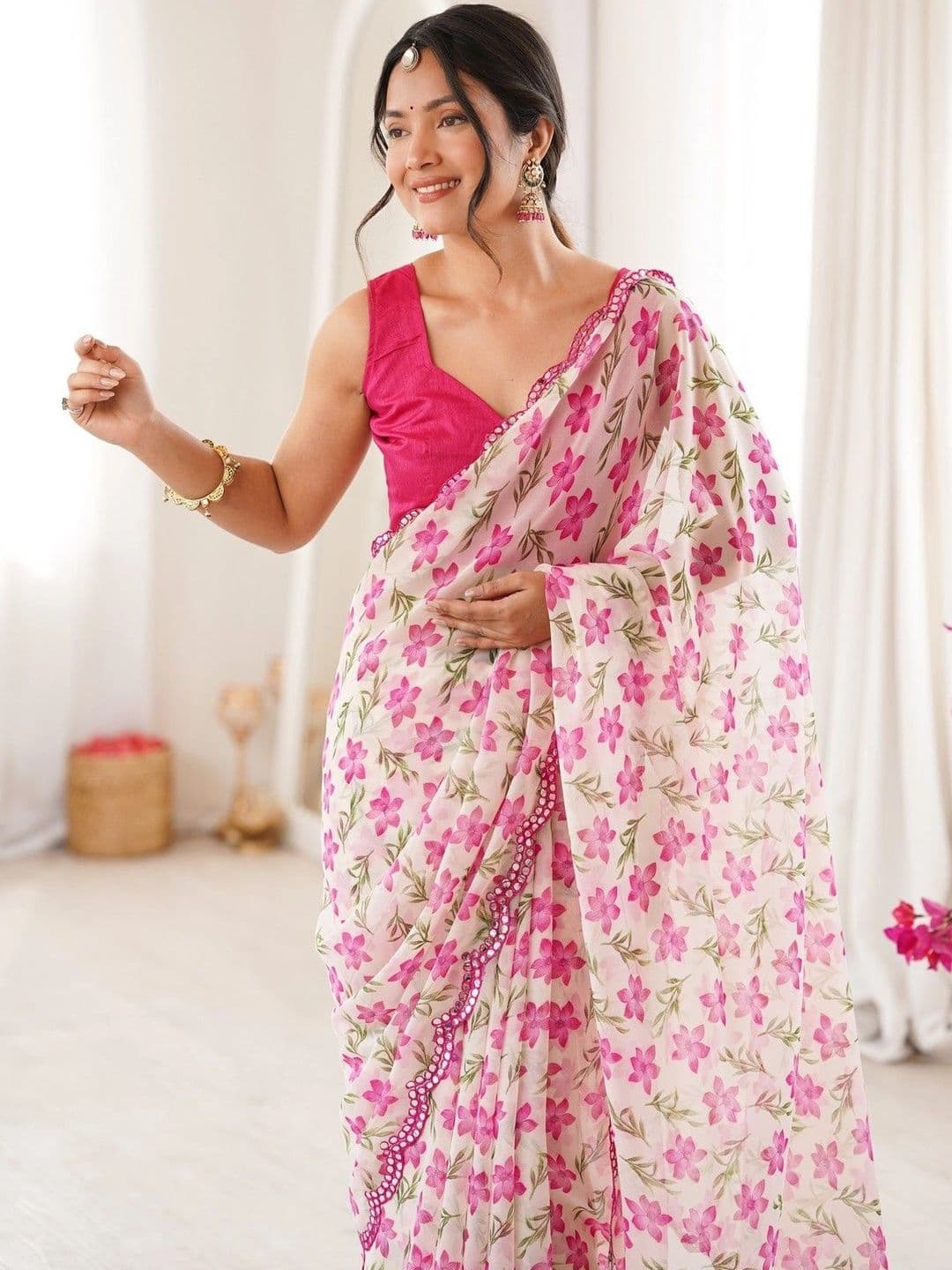 Mitera Floral Mirror Work Poly Georgette Saree thumbnail 4