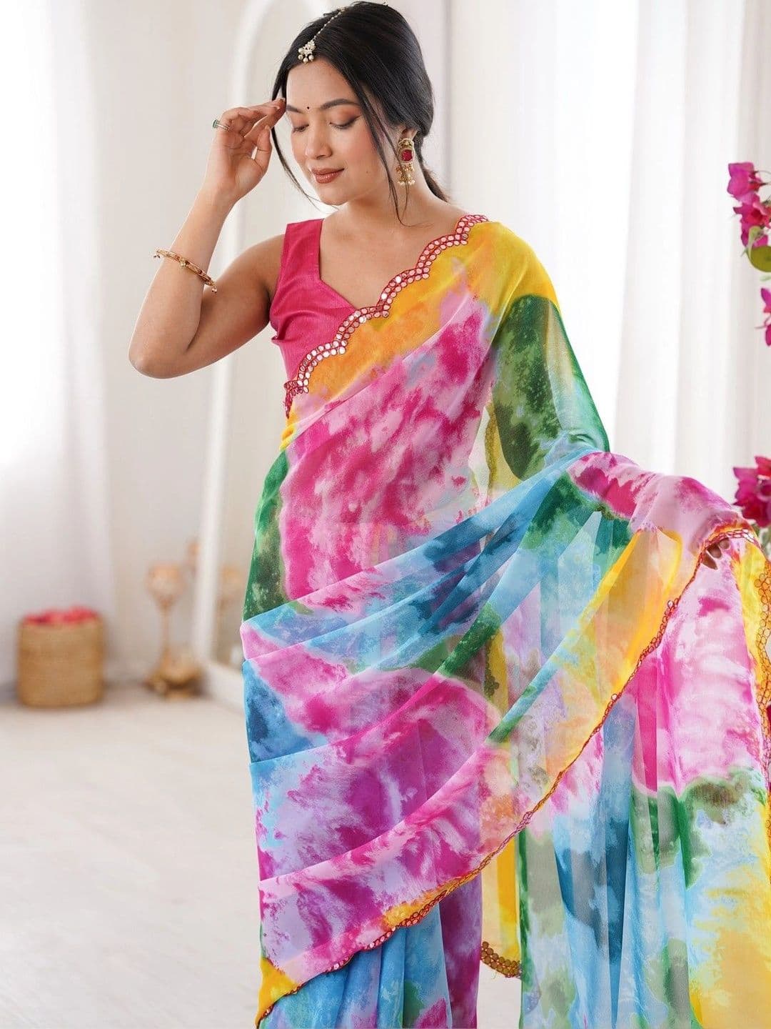 Mitera Tie and Dye Mirror Work Poly Georgette Saree thumbnail 3