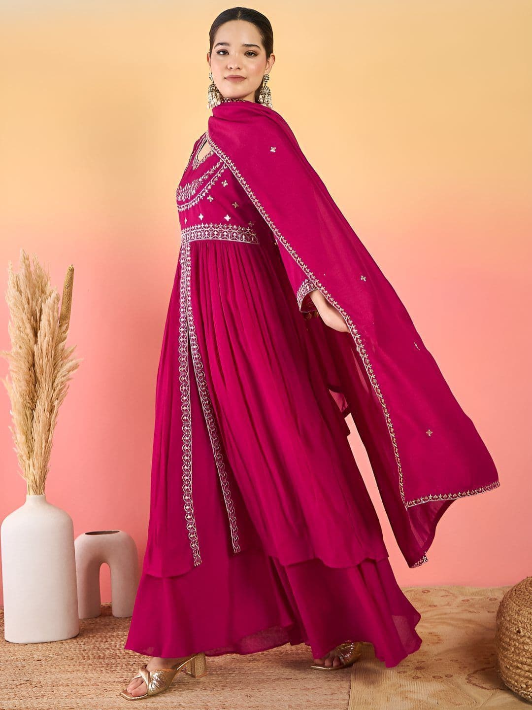 Varanga Women Ethnic Motifs Embroidered Empire Thread Work Kurta with Palazzos & Dupatta thumbnail 6