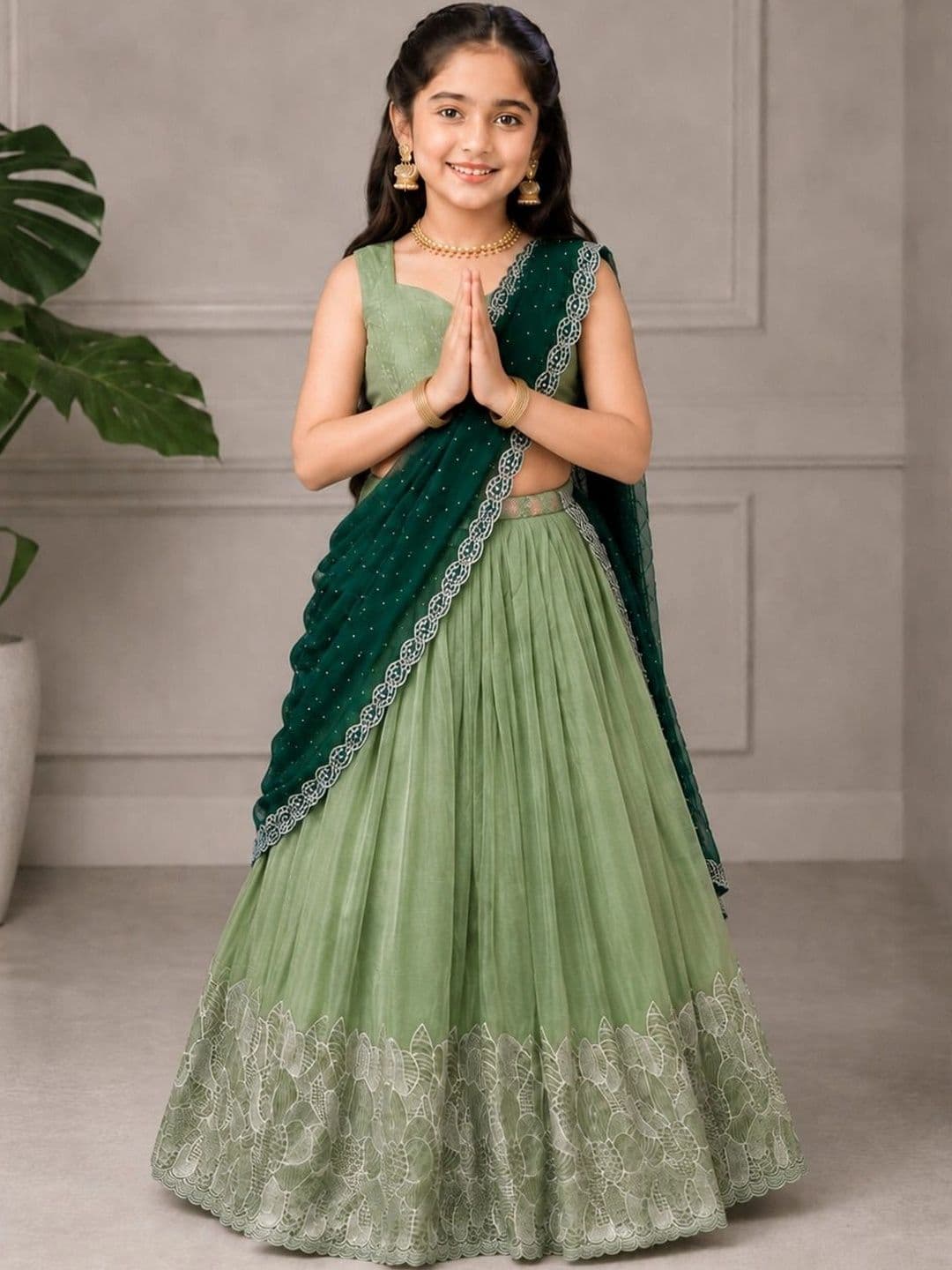 DEVANGI VASTRA Girls Thread Work Ready to Wear Lehenga & Unstitched Blouse With Dupatta thumbnail 7