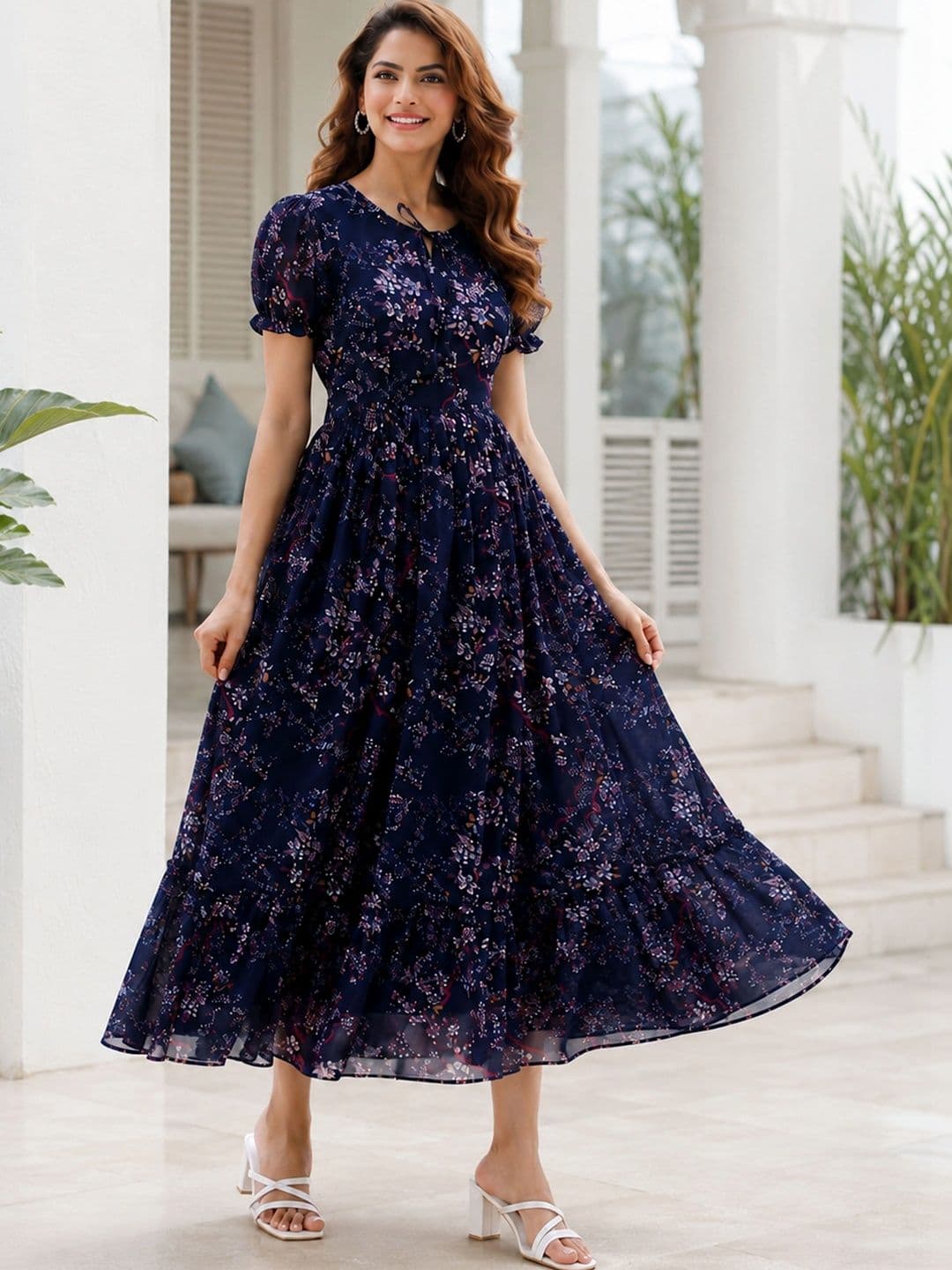 QENA Floral Print Puff Sleeve Georgette A-Line Midi Dress thumbnail 6