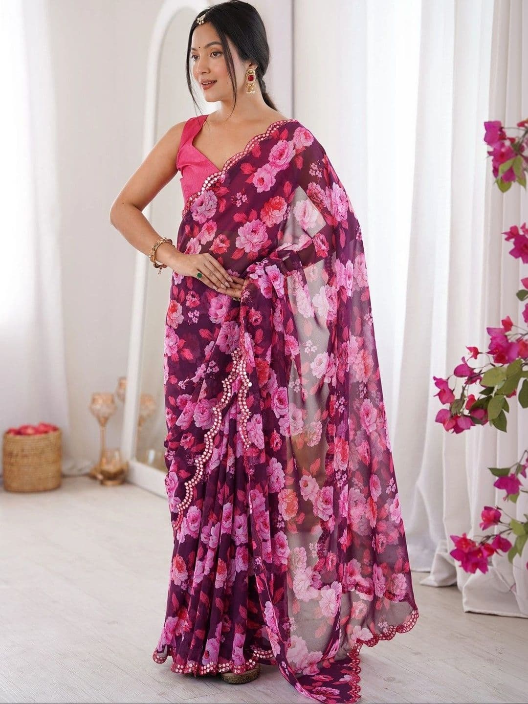 Mitera Floral Mirror Work Poly Georgette Saree thumbnail 6