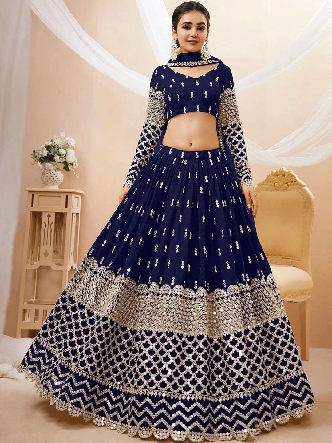 Zeel Clothing Embellished Mirror Work Semi-Stitched Lehenga & Unstitched Blouse With Dupatta thumbnail 3