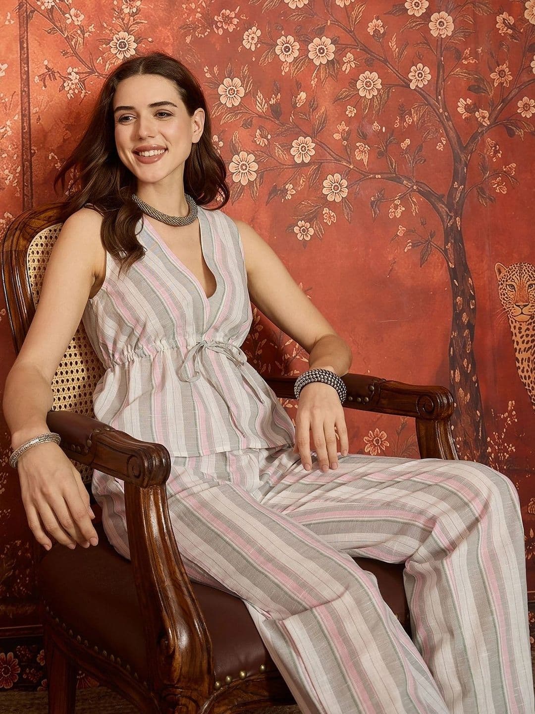 Sangria Pastels Cotton Striped Top with Trousers thumbnail 3