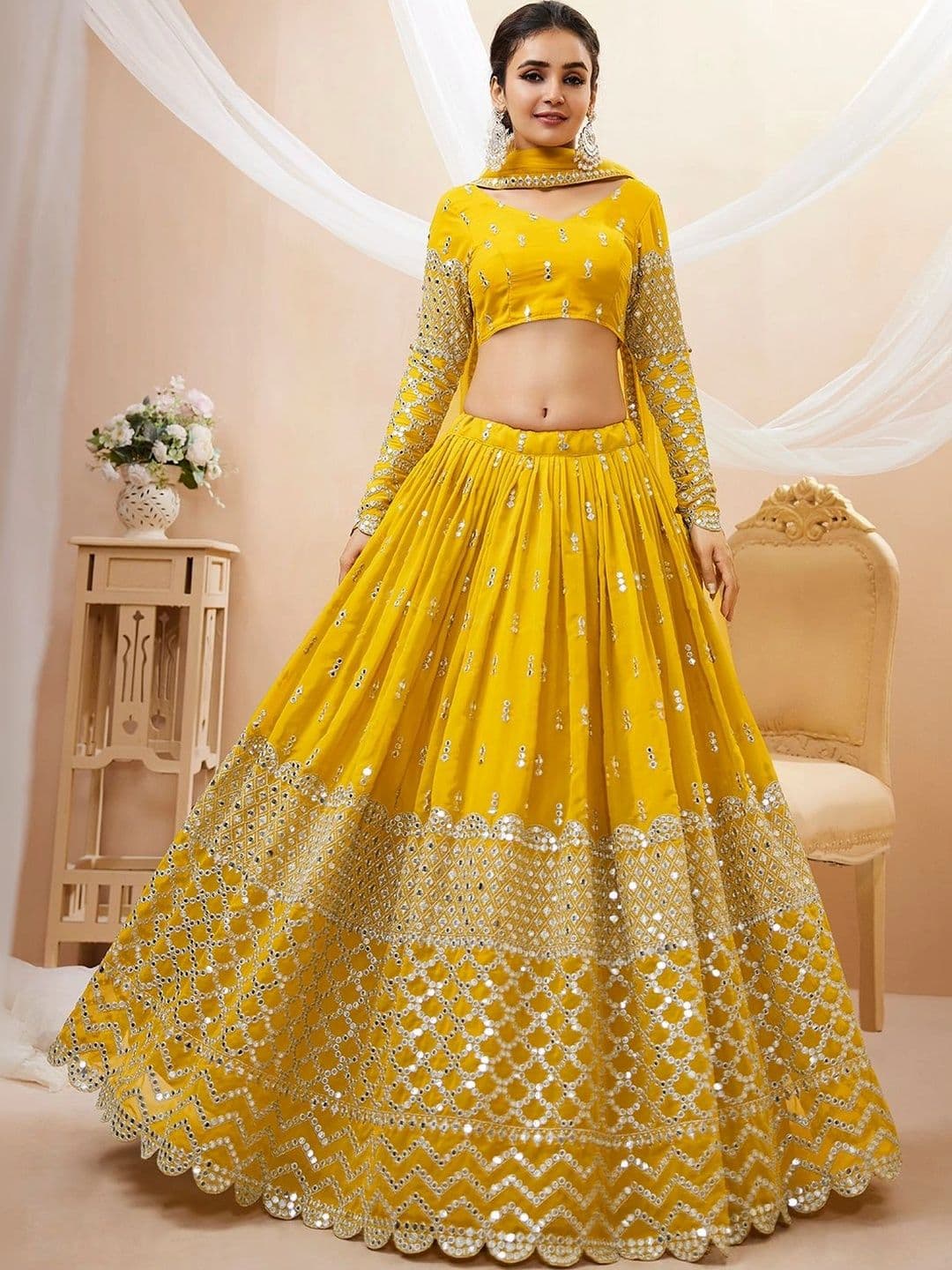 Zeel Clothing Embellished Mirror Work Semi-Stitched Lehenga & Unstitched Blouse With Dupatta thumbnail 2
