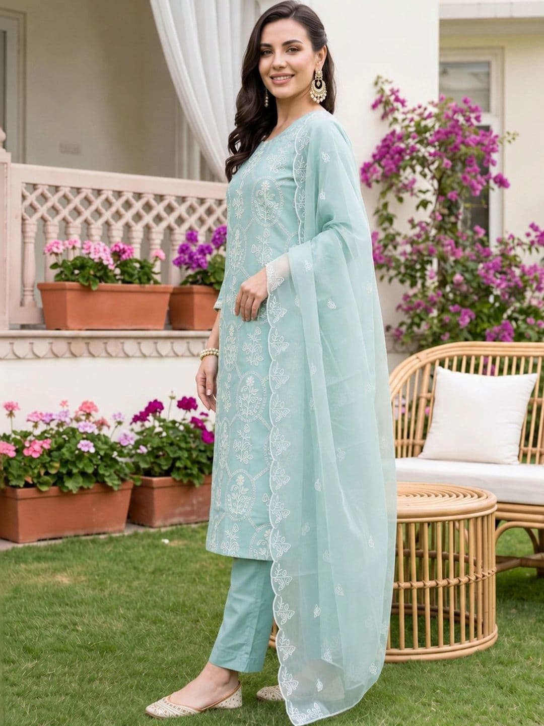 Indo Era Women Ethnic Motifs Embroidered Regular Thread Work Kurta with Trousers & With Dupatta thumbnail 5