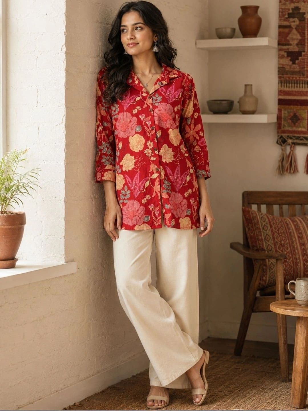 FERANOID Floral Printed Shirt Collar Pure Cotton Blend Kurti thumbnail 4