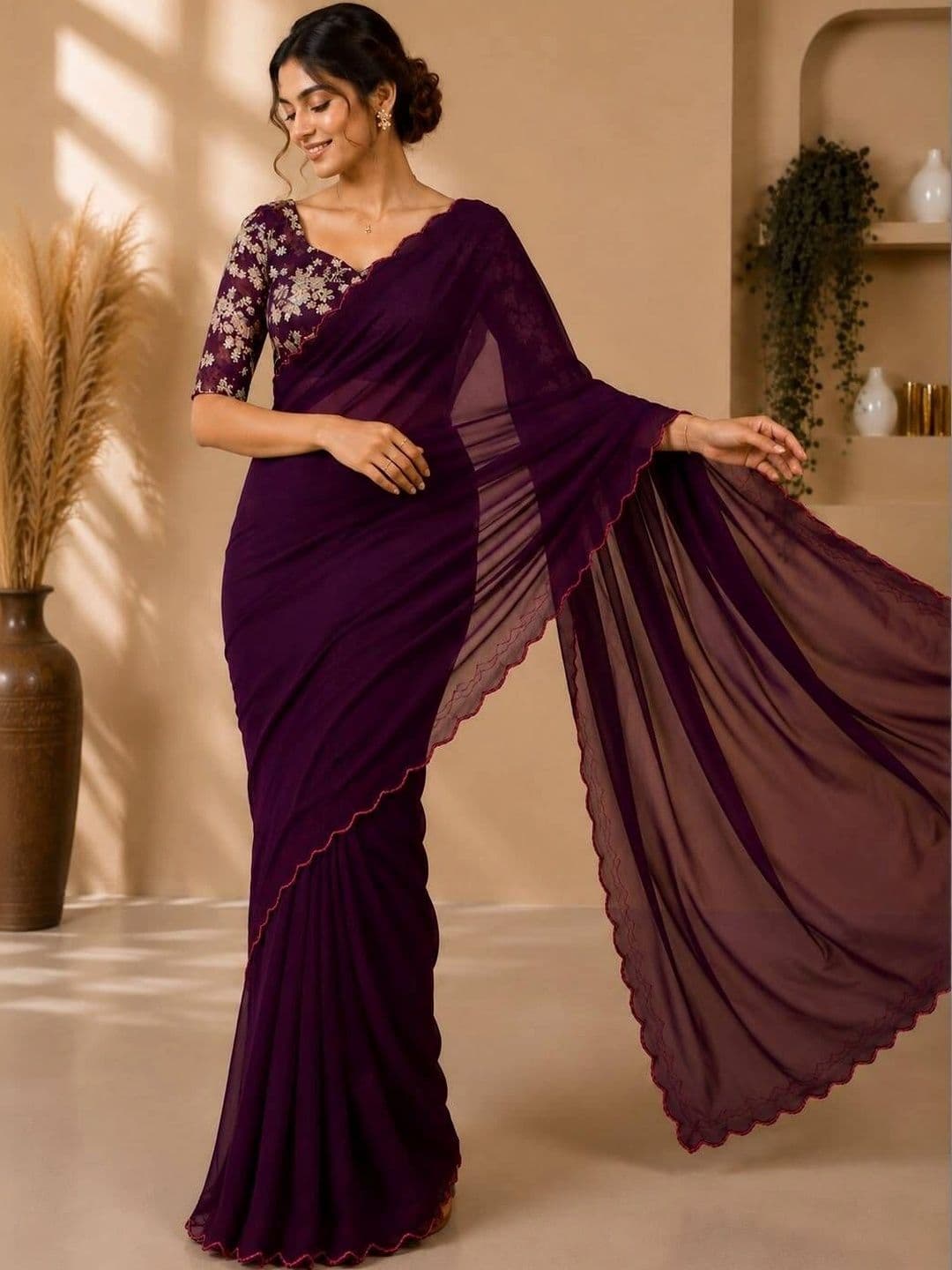 Vastra Drape Floral Embroidered Poly Georgette Saree - view 1