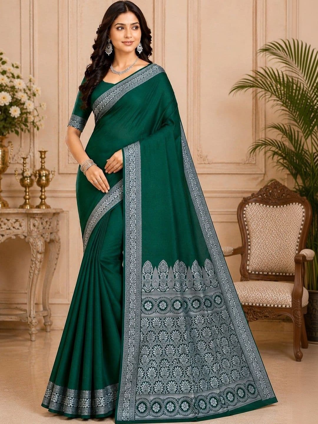 Prisan Women Green Woven Banarasi Soft Silk Saree with Unstitched Blouse thumbnail 3