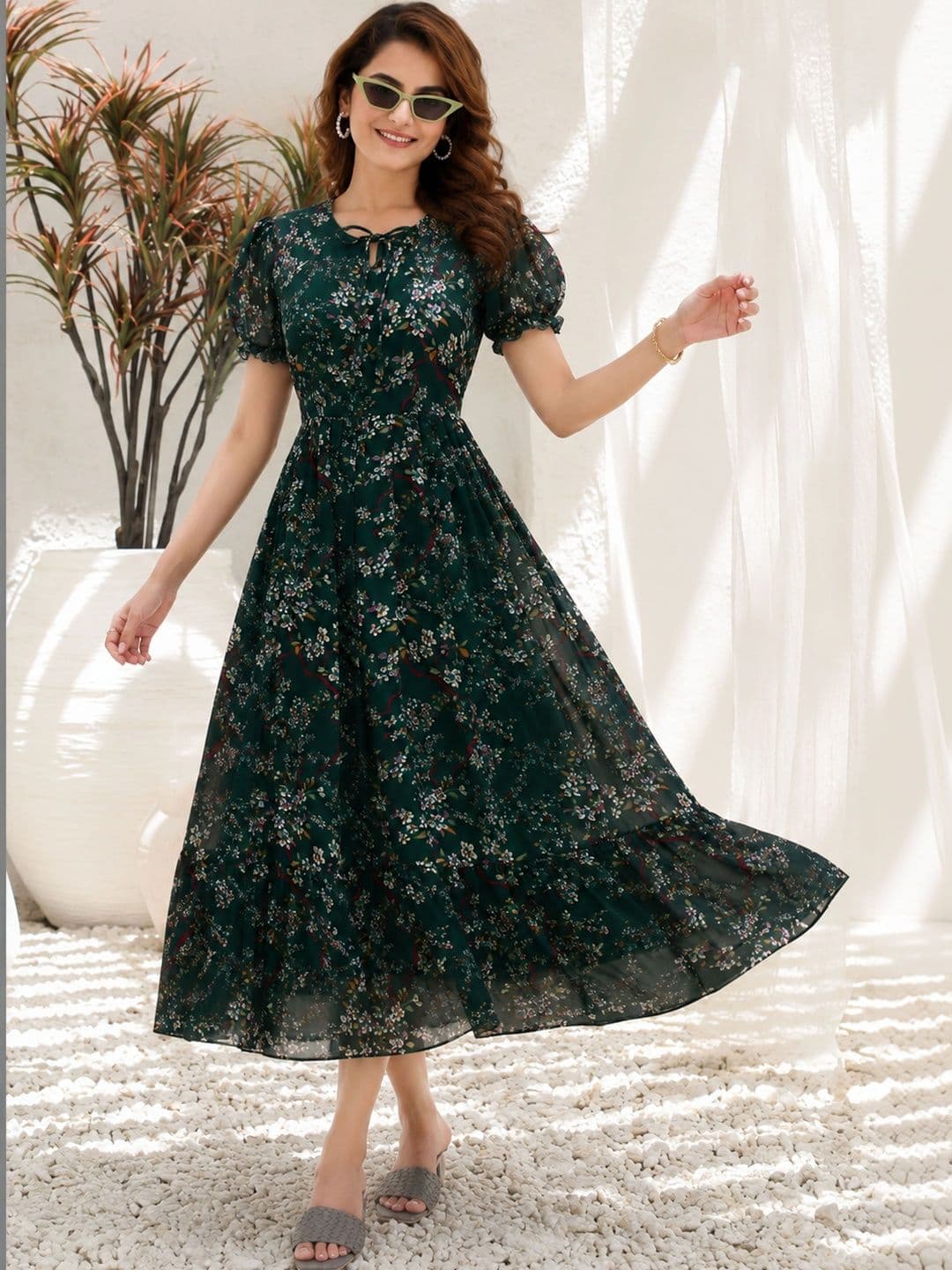 QENA Floral Print Puff Sleeve Georgette A-Line Midi Dress thumbnail 3
