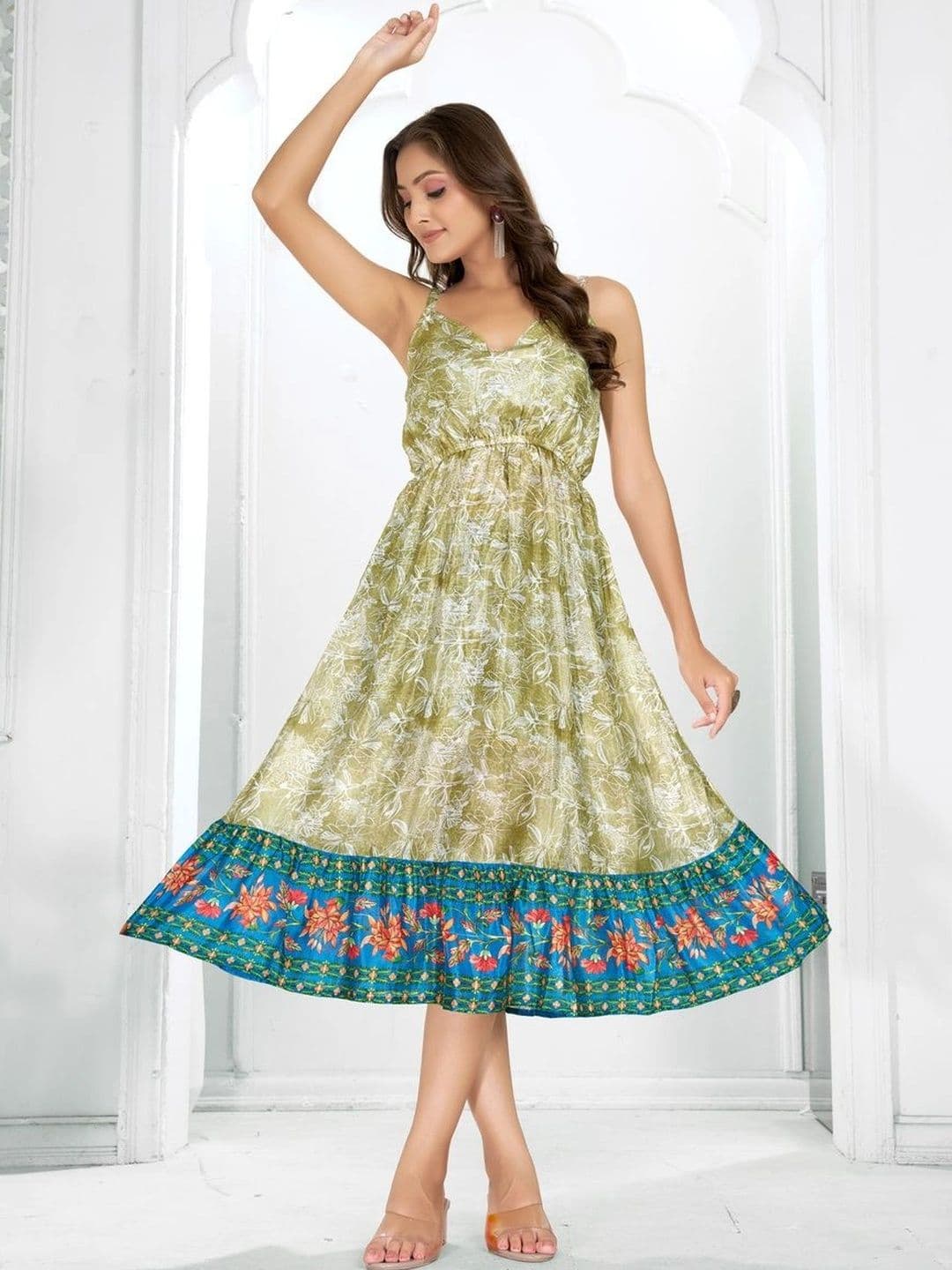 HR FASHION ZONE Printed V-Neck A-Line Midi Dress - view 1