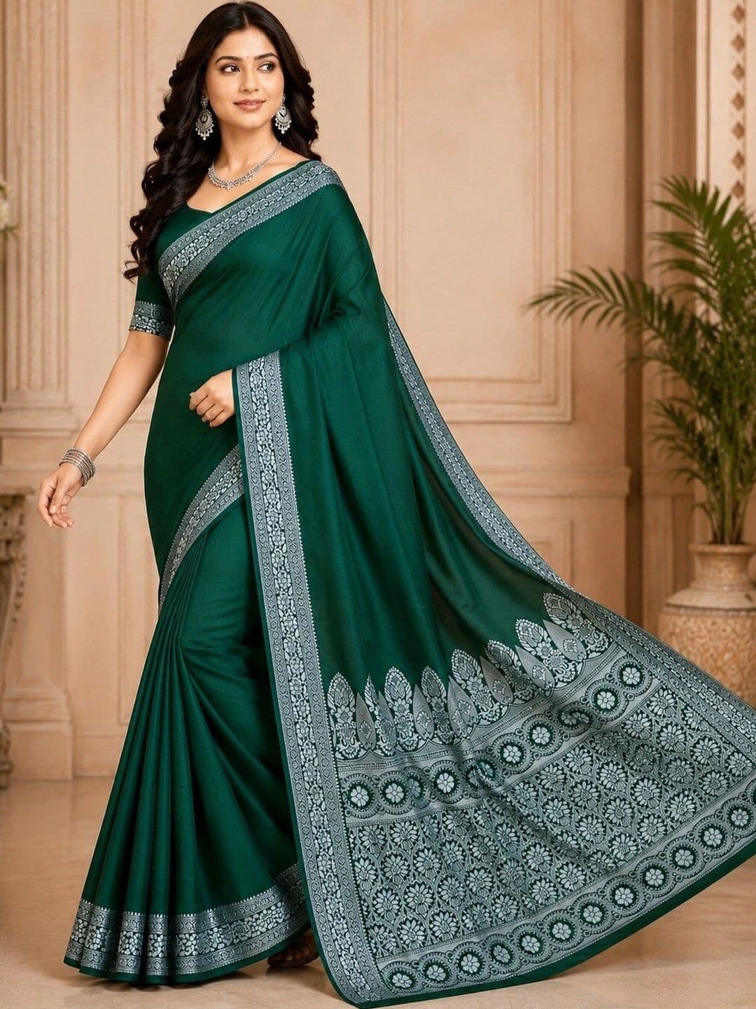 Prisan Women Green Woven Banarasi Soft Silk Saree with Unstitched Blouse - view 1