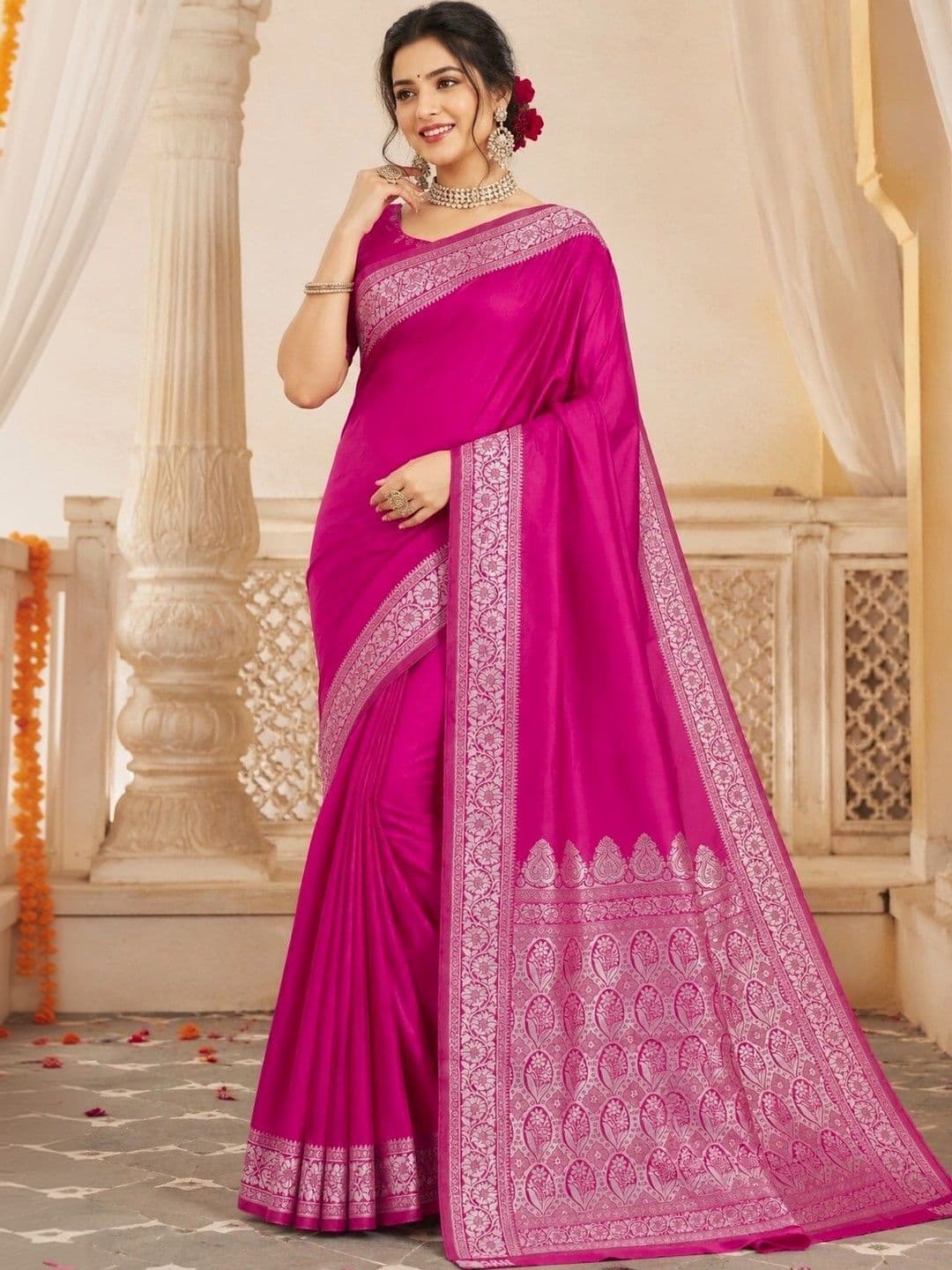 Prisan Women Rani Kumkum Woven Banarasi Soft Silk Saree with Unstitched Blouse - view 1