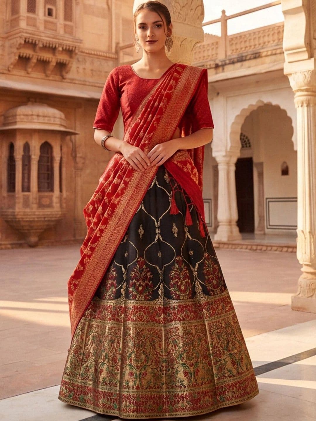 Sangria Embellished Semi-Stitched Lehenga & Unstitched Blouse With Dupatta thumbnail 3