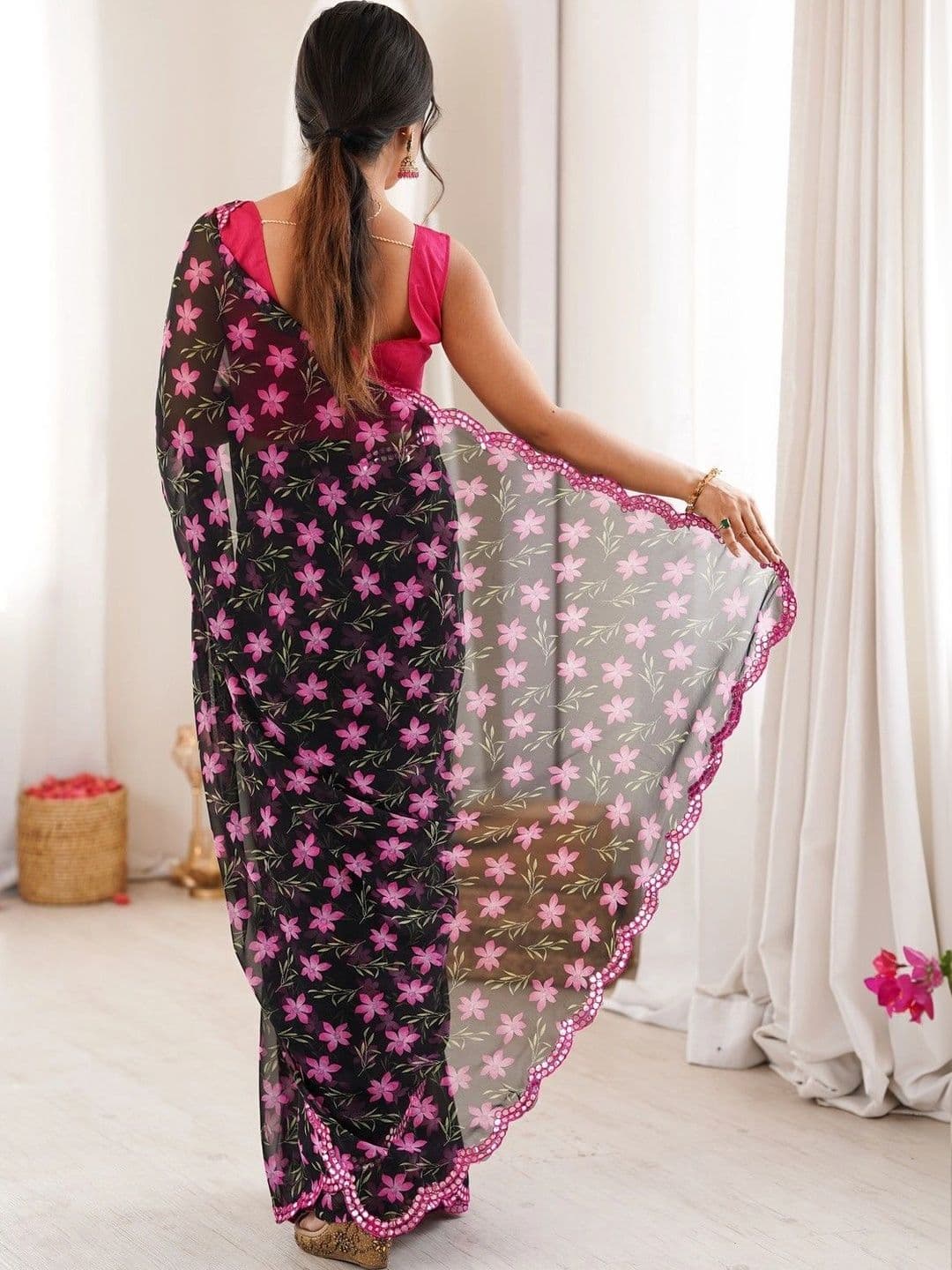 Mitera Floral Mirror Work Poly Georgette Saree thumbnail 2