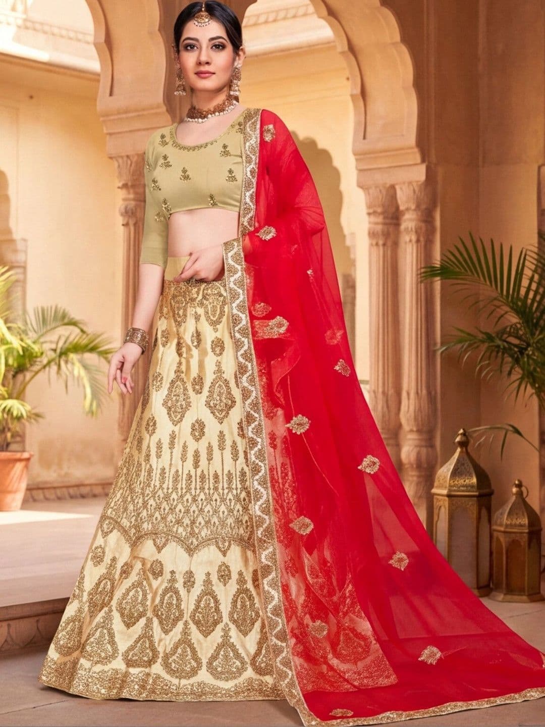Sangria Embroidered Semi-Stitched Lehenga & Unstitched Blouse With Dupatta thumbnail 5