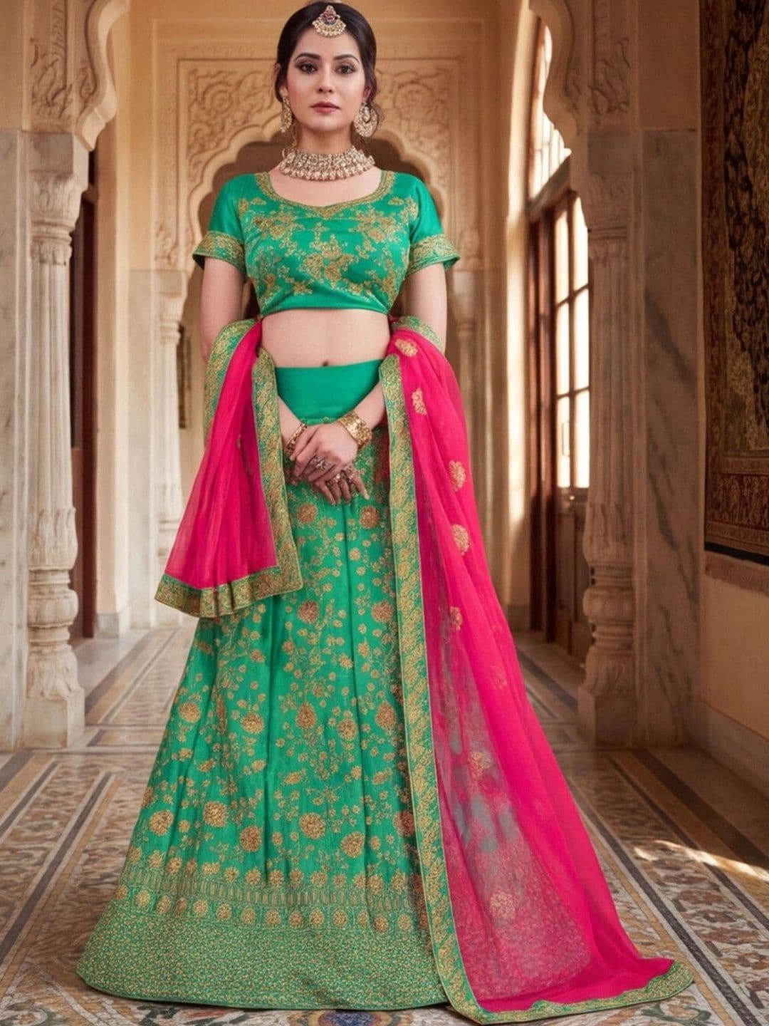 Sangria Embellished Semi-Stitched Lehenga & Unstitched Blouse With Dupatta thumbnail 4