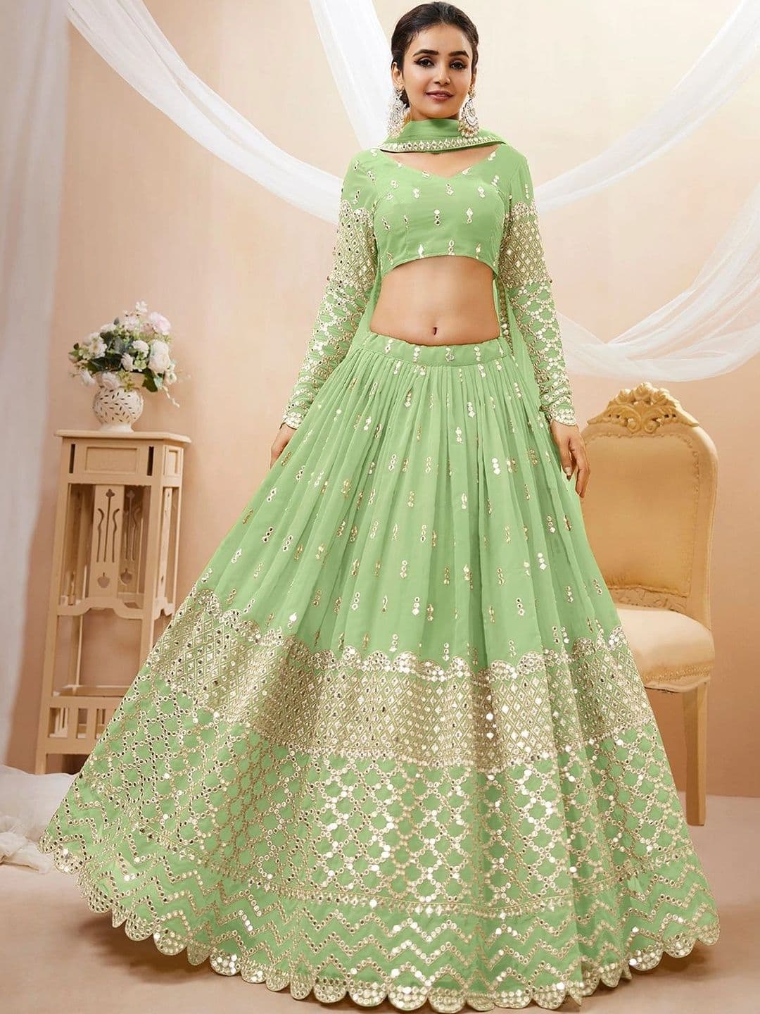 Zeel Clothing Embellished Mirror Work Semi-Stitched Lehenga & Unstitched Blouse With Dupatta - view 1
