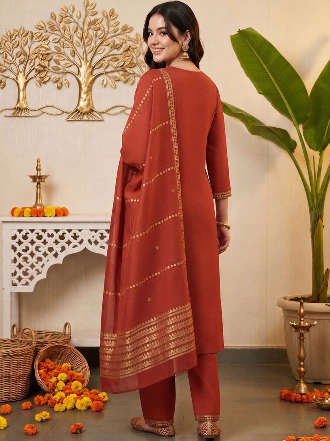 Indo Era Women Ethnic Motifs Embroidered Regular Kurta with Trousers & With Dupatta thumbnail 2
