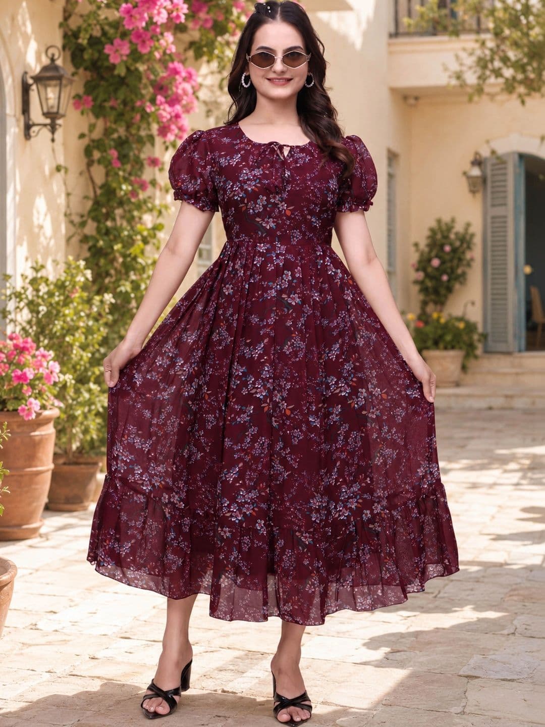 QENA Floral Print Puff Sleeve Georgette A-Line Midi Dress - view 1