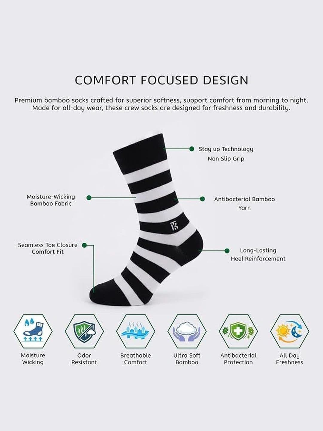 Kikitoes Men Pack of 2 Bamboo Crew Socks Striped Polka Dot Anti-Odour Moisture Wicking thumbnail 5