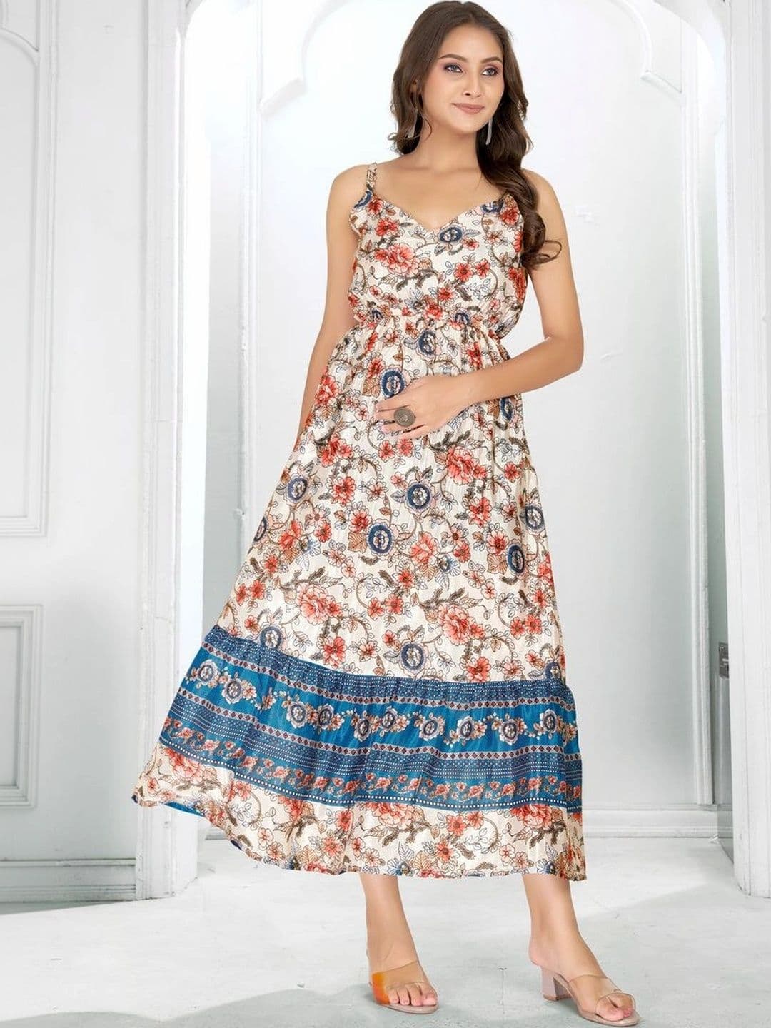 HR FASHION ZONE Printed V-Neck A-Line Midi Dress thumbnail 6