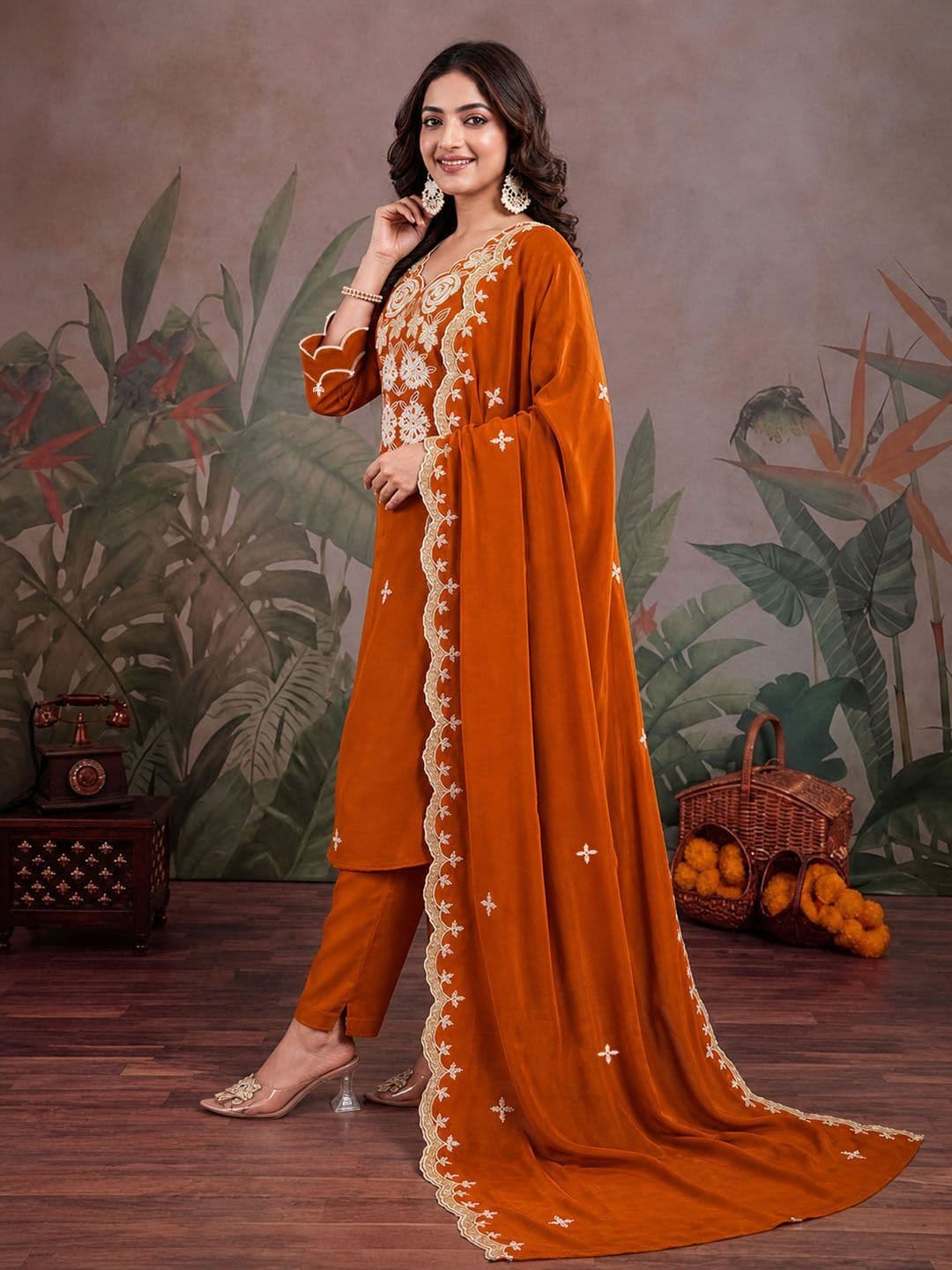 Sangria Women Floral Embroidered Regular Thread Work Kurta with Trousers & With Dupatta thumbnail 6