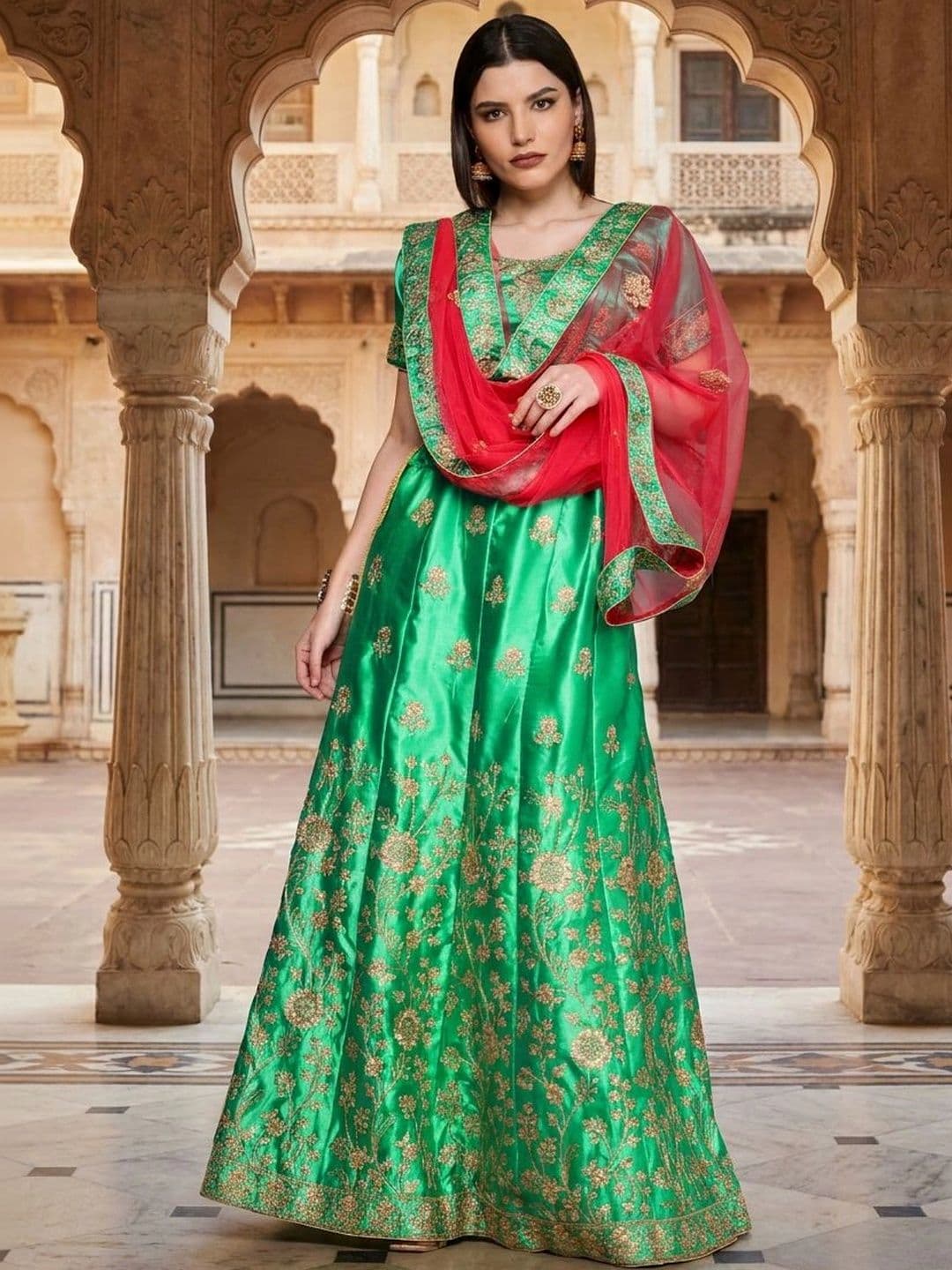 Sangria Embroidered Thread Work Semi-Stitched Lehenga & Unstitched Blouse With Dupatta - view 1