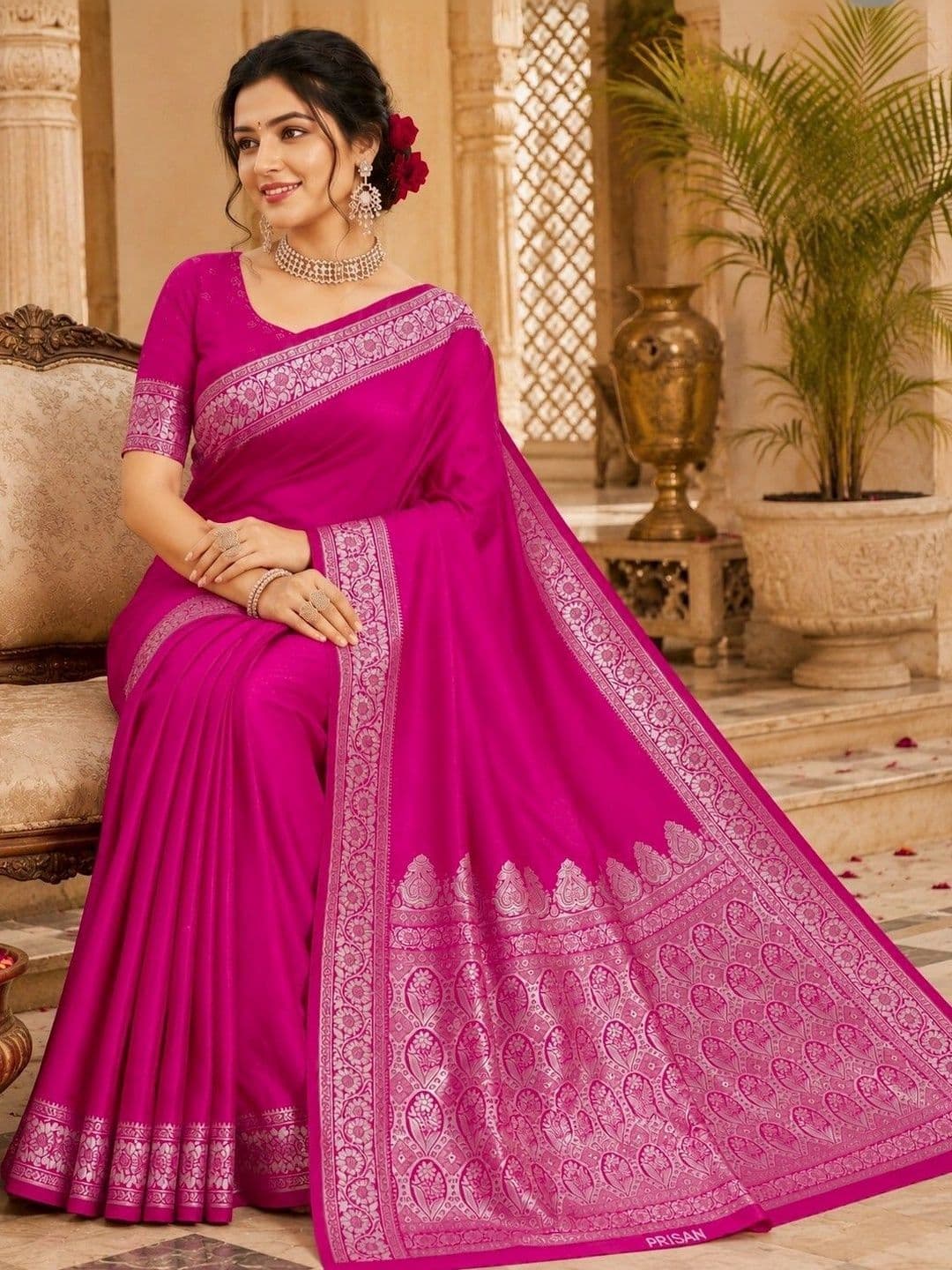 Prisan Women Rani Kumkum Woven Banarasi Soft Silk Saree with Unstitched Blouse thumbnail 5