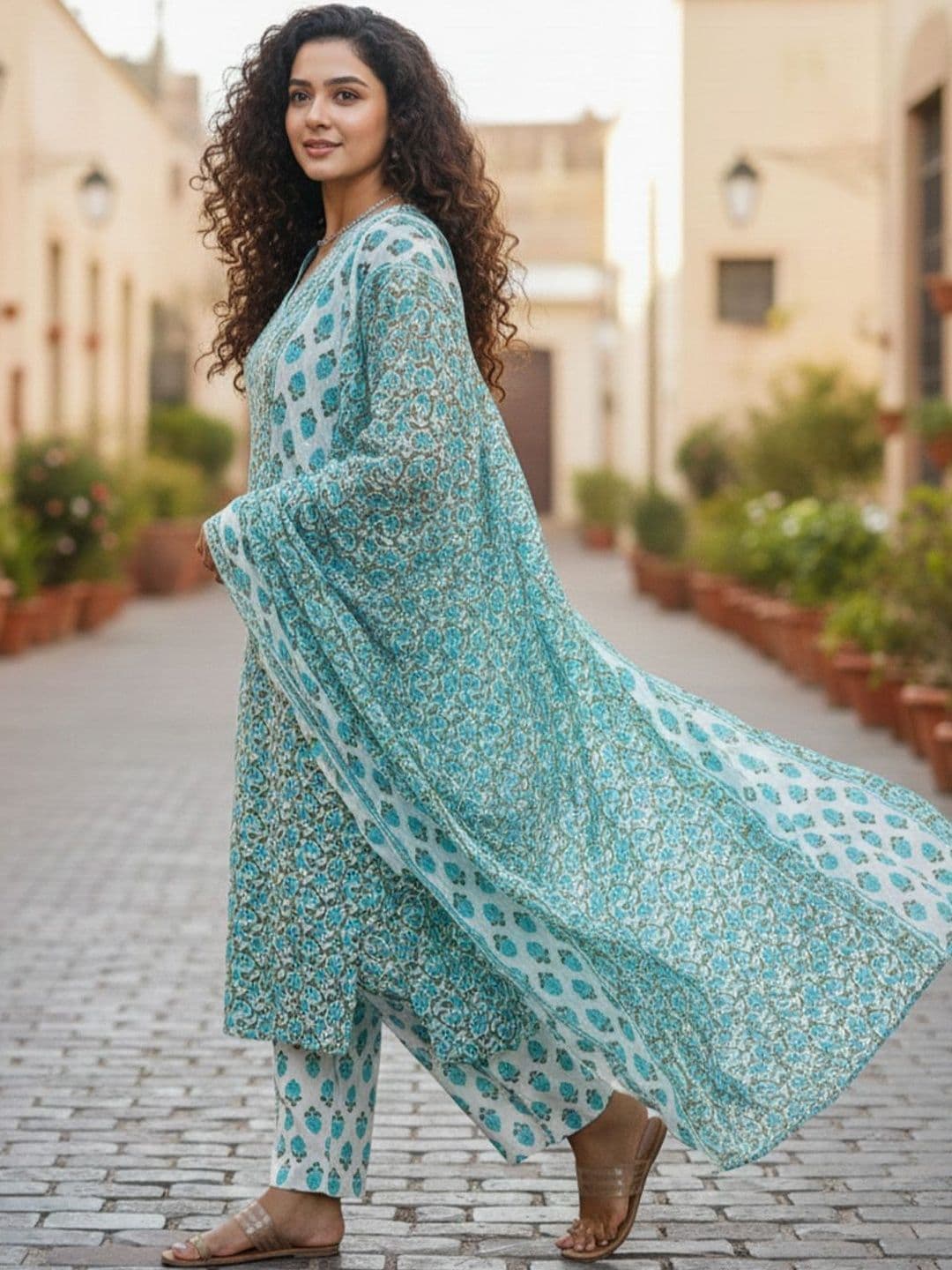 Varanga Women Floral Printed Regular Pure Cotton Kurta with Trousers & With Dupatta thumbnail 7