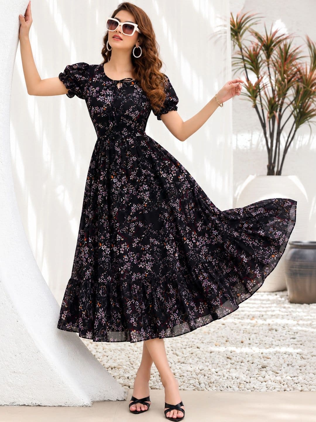 QENA Floral Print Puff Sleeve Georgette A-Line Maxi Dress thumbnail 4