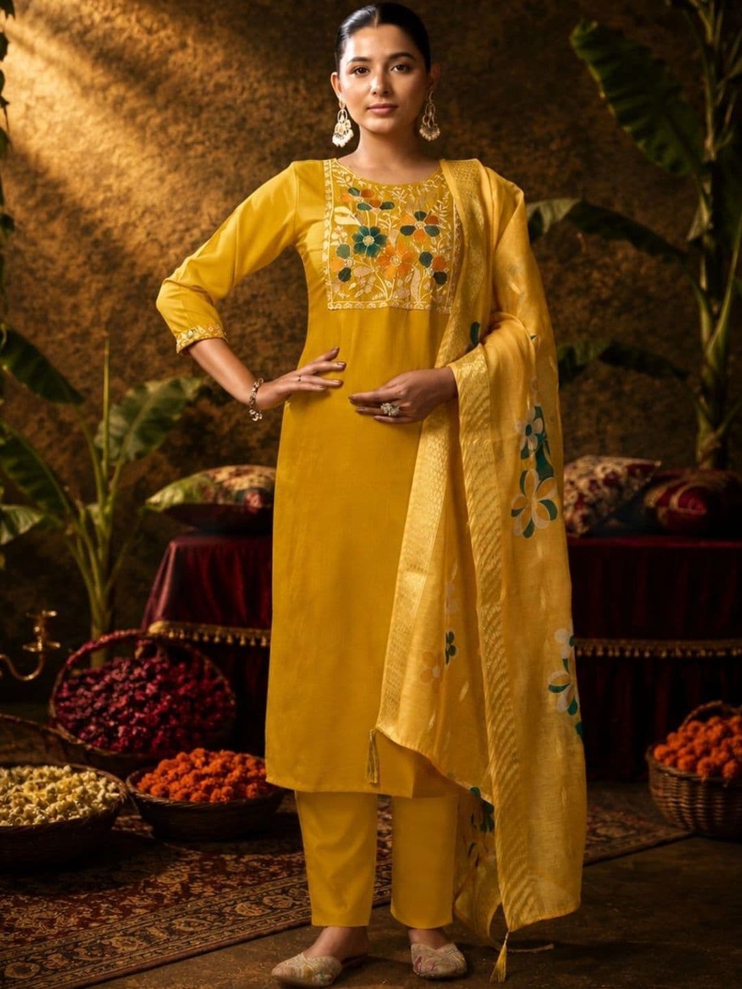 PAUSE Women Floral Embroidered Regular Thread Work Kurta with Trousers & With Dupatta thumbnail 4