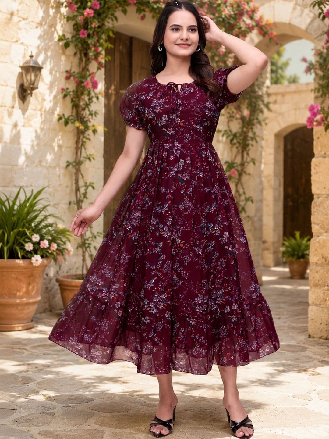 QENA Floral Print Puff Sleeve Georgette A-Line Midi Dress thumbnail 7