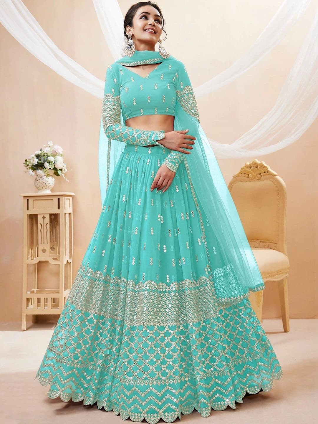 Zeel Clothing Embellished Mirror Work Semi-Stitched Lehenga & Unstitched Blouse With Dupatta - view 1