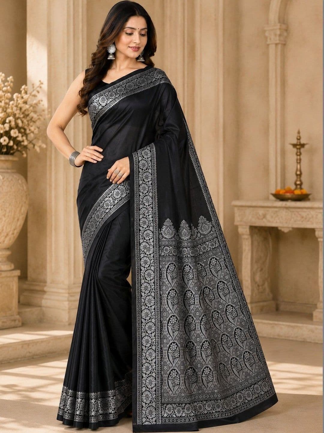 Prisan Women Black Woven Banarasi Soft Silk Saree with Unstitched Blouse thumbnail 5