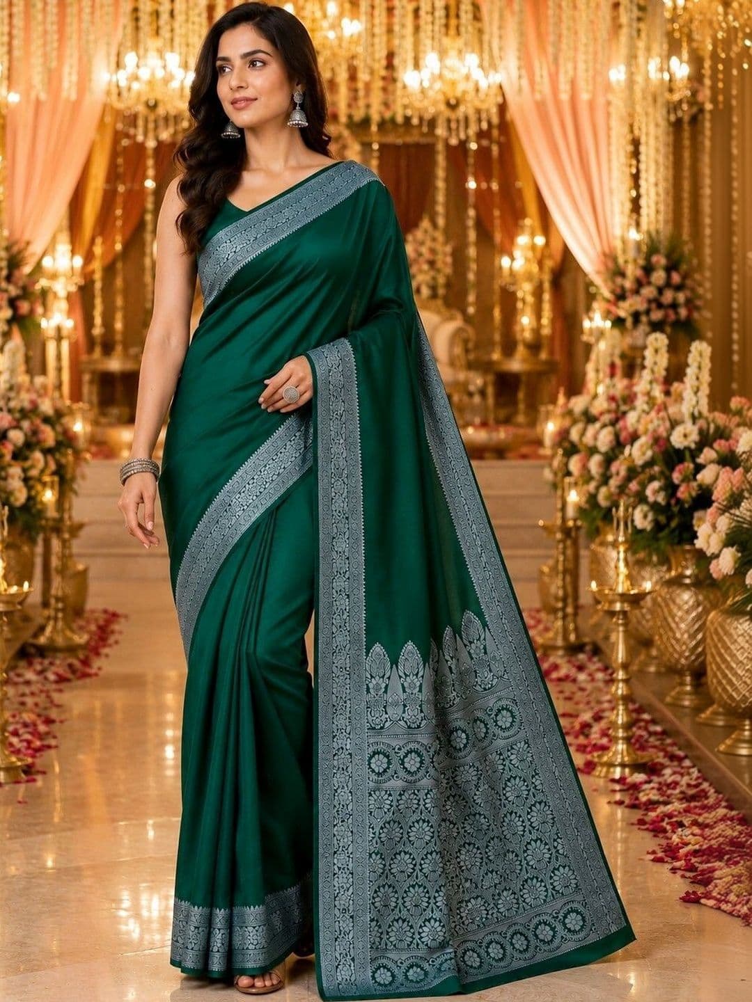 Prisan Women Green Woven Banarasi Soft Silk Saree with Unstitched Blouse thumbnail 2
