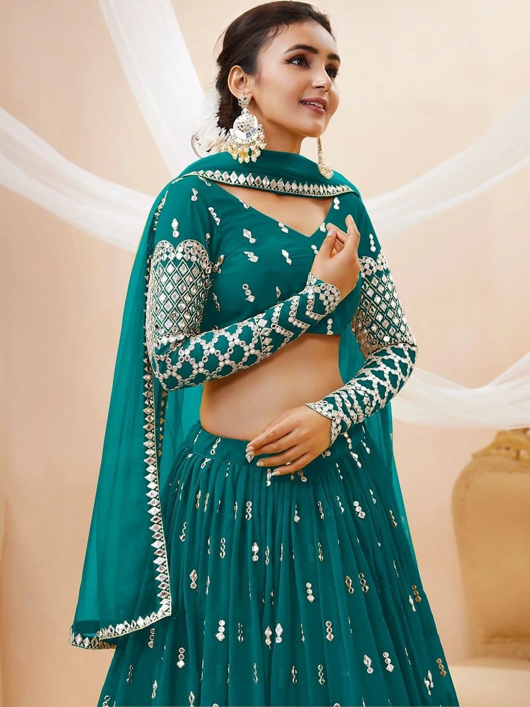 Zeel Clothing Embellished Mirror Work Semi-Stitched Lehenga & Unstitched Blouse With Dupatta thumbnail 5