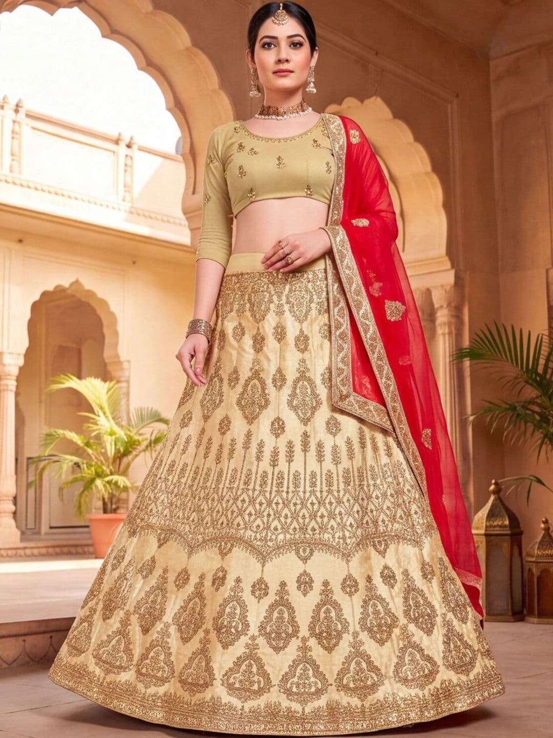 Sangria Embroidered Semi-Stitched Lehenga & Unstitched Blouse With Dupatta thumbnail 4