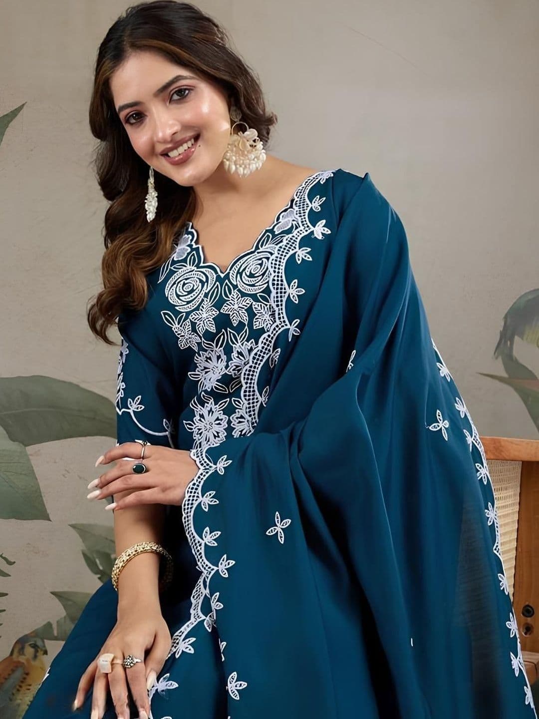 Sangria Women Floral Embroidered Regular Thread Work Kurta with Trousers & With Dupatta - view 1