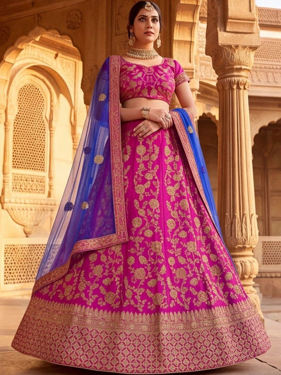 Sangria Embroidered Thread Work Semi-Stitched Lehenga & Unstitched Blouse With Dupatta thumbnail 4