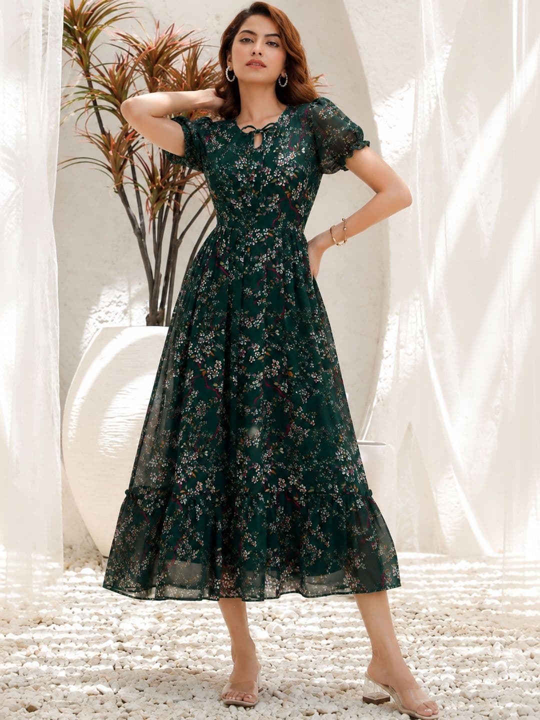 QENA Floral Print Puff Sleeve Georgette A-Line Midi Dress - view 1