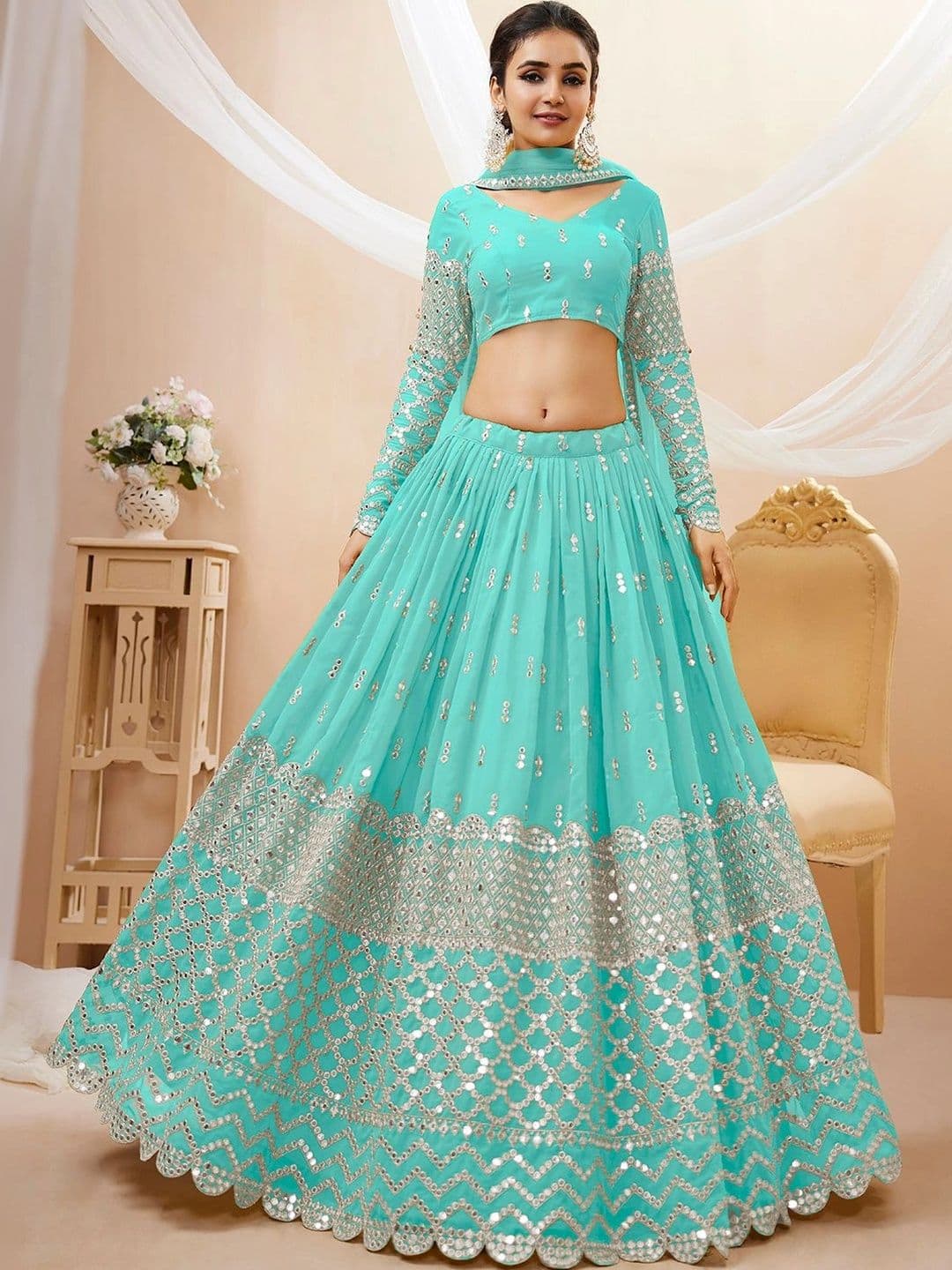 Zeel Clothing Embellished Mirror Work Semi-Stitched Lehenga & Unstitched Blouse With Dupatta thumbnail 2