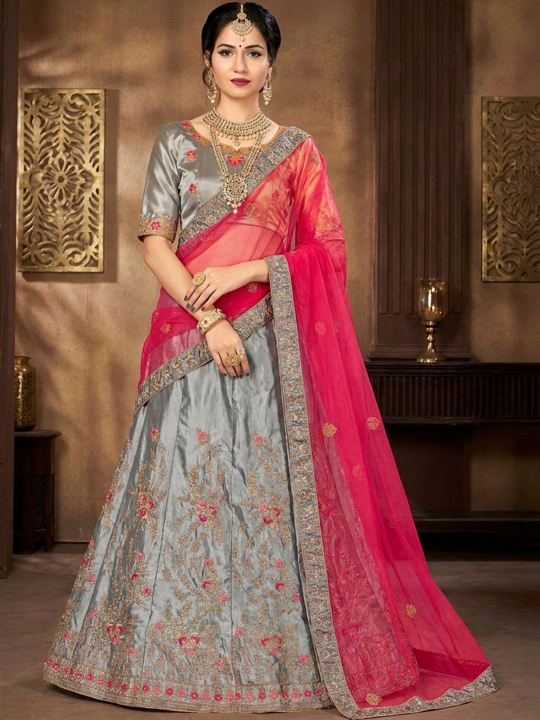 Sangria Embroidered Thread Work Semi-Stitched Lehenga & Unstitched Blouse With Dupatta - view 1