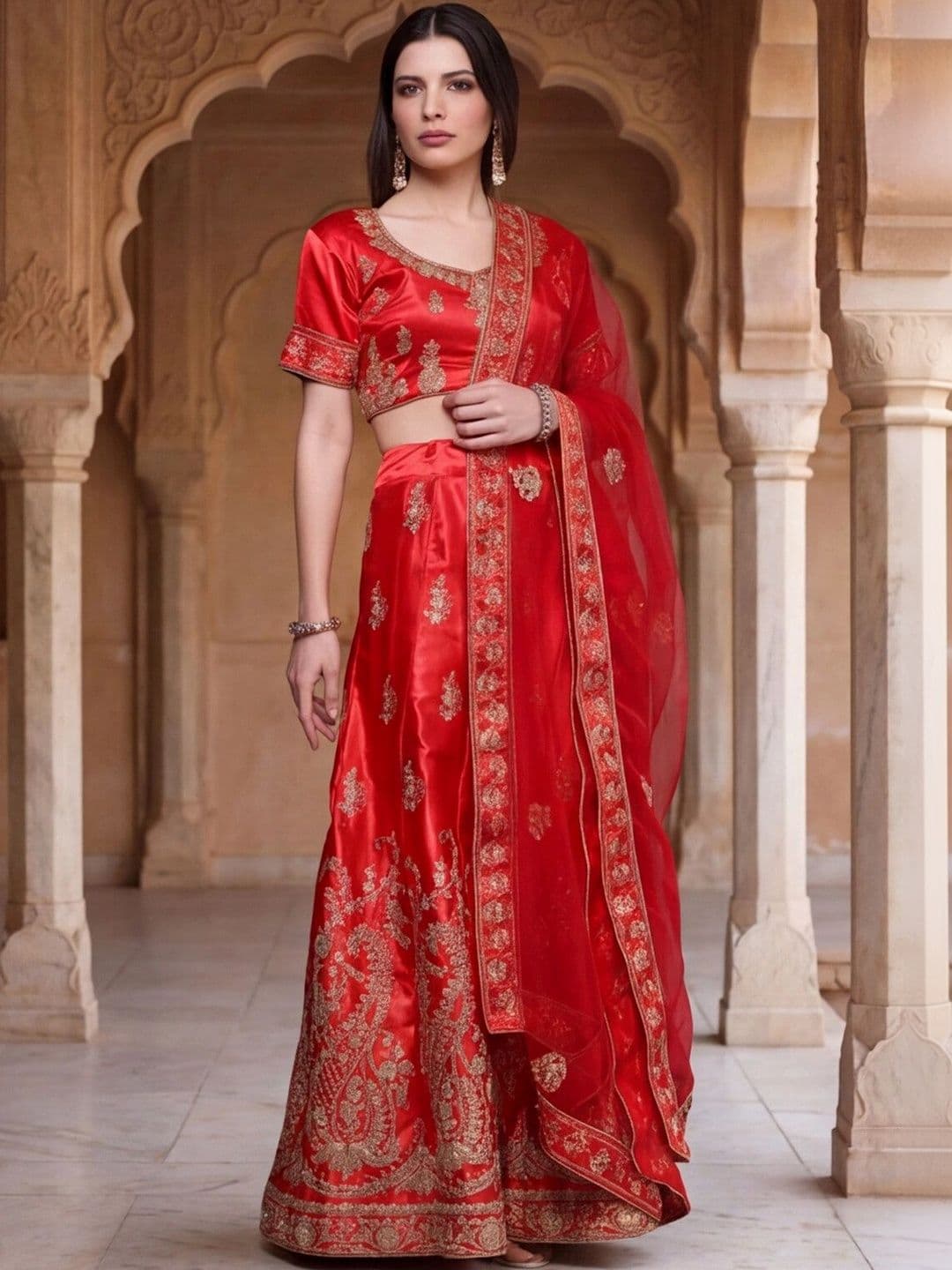 Sangria Embroidered Semi-Stitched Lehenga & Unstitched Blouse With Dupatta thumbnail 5